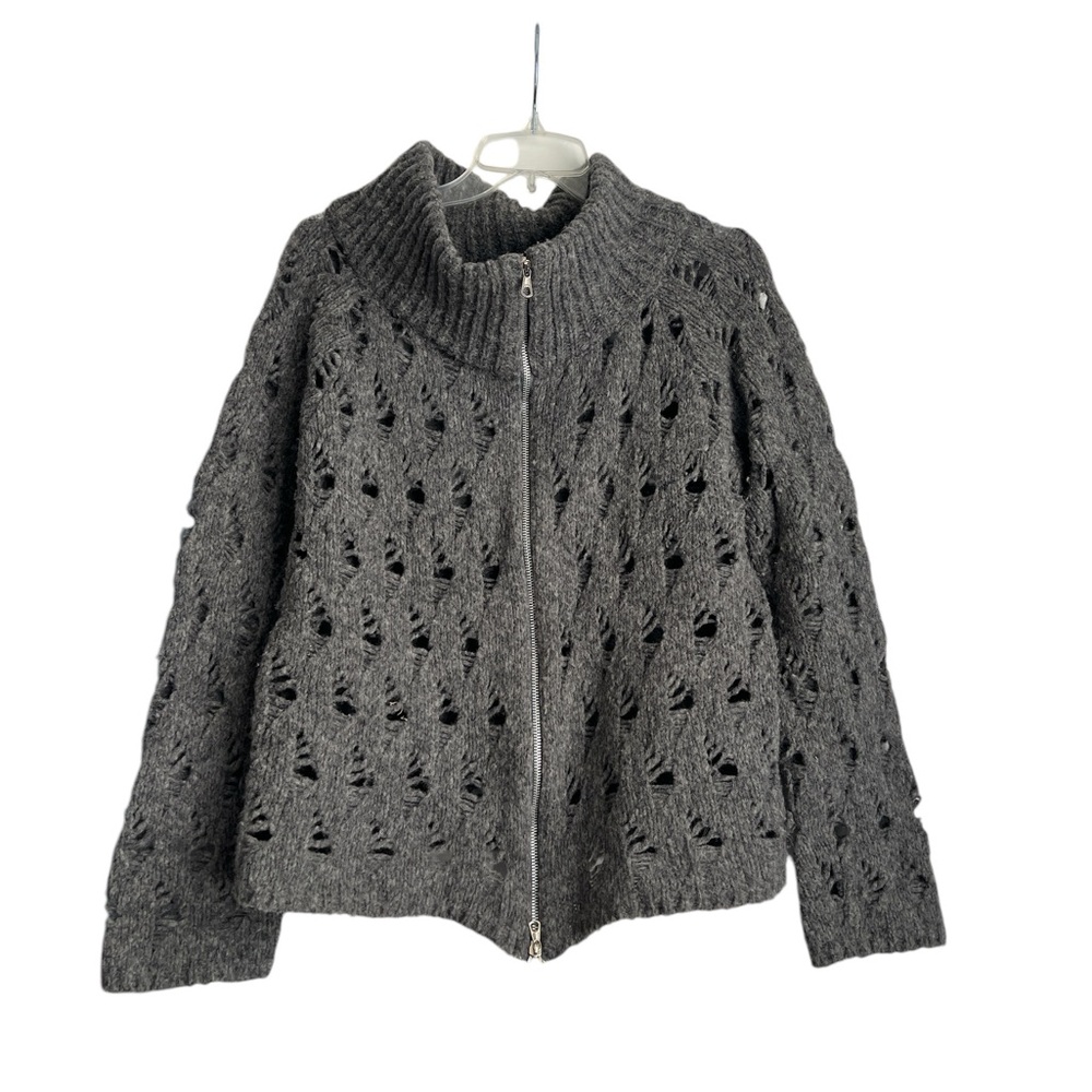 AYS Italy Open Knit Full Zip Gray Knit Sweater 75% LANA Wool